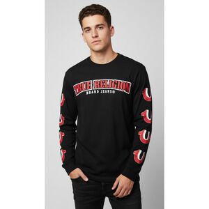 True Religion Black Long Sleeve Tee – Bold Logo & Iconic Horseshoe Sleeves